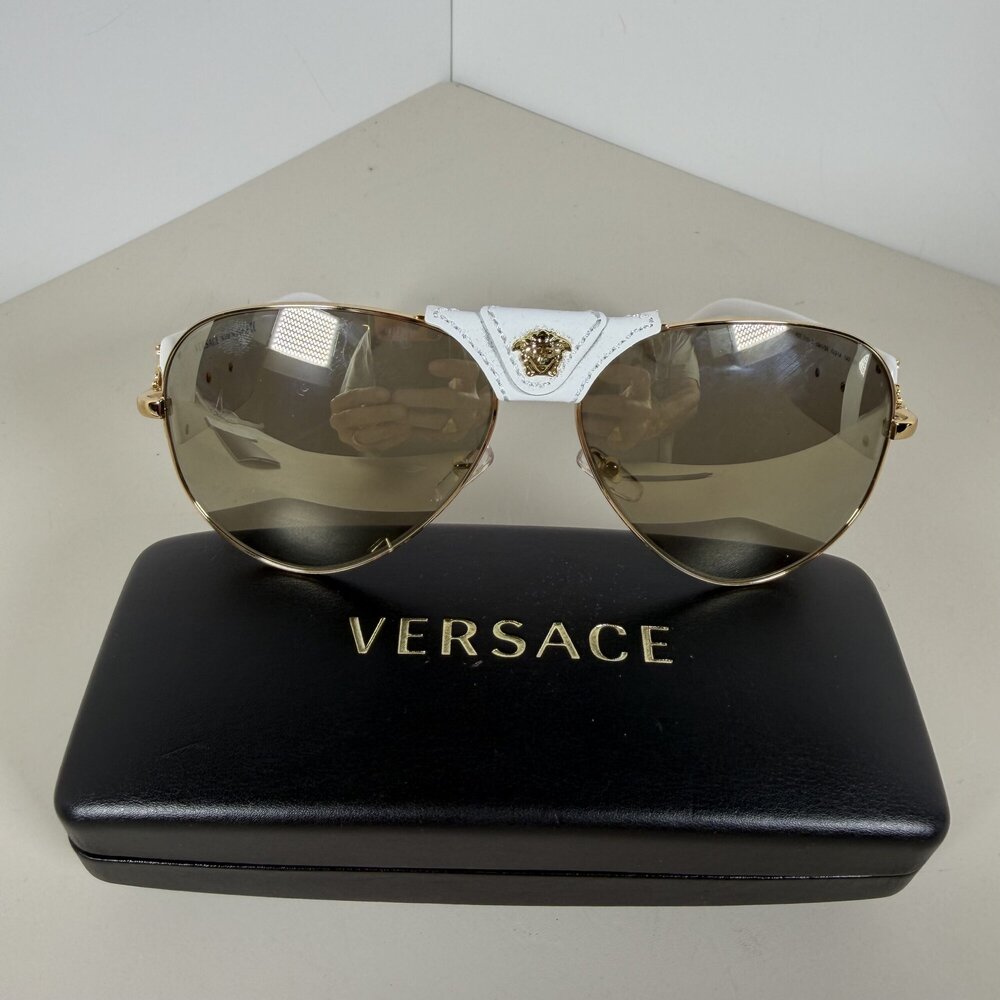 Versace Gold & White Leather Medusa Rock Icon Aviator Sunglasses